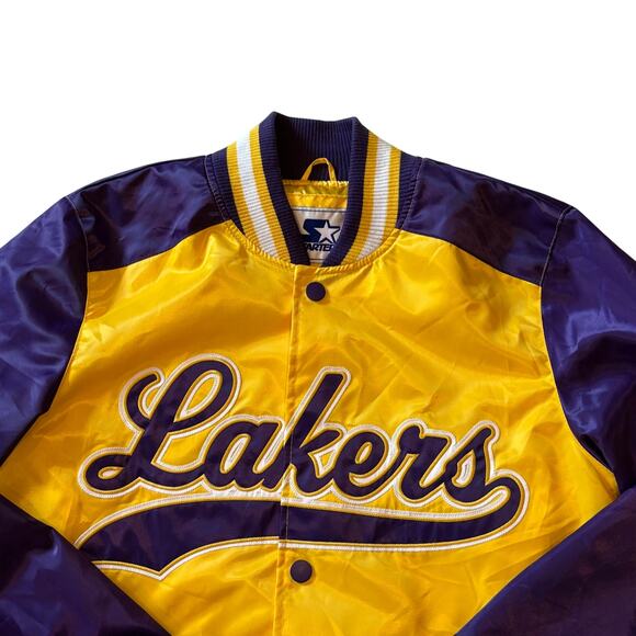 Starter LA Los Angeles Lakers Bomber Jacket Mens Size Small Yellow Satin Snap - Picture 3 of 14